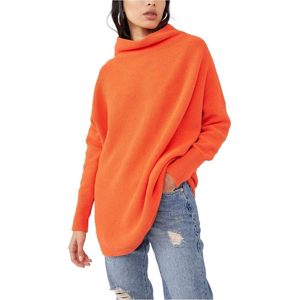 Free People Ottoman Slouchy Tunic‎ Women LG Orange Mock Neck Ribbed Knit Sweater